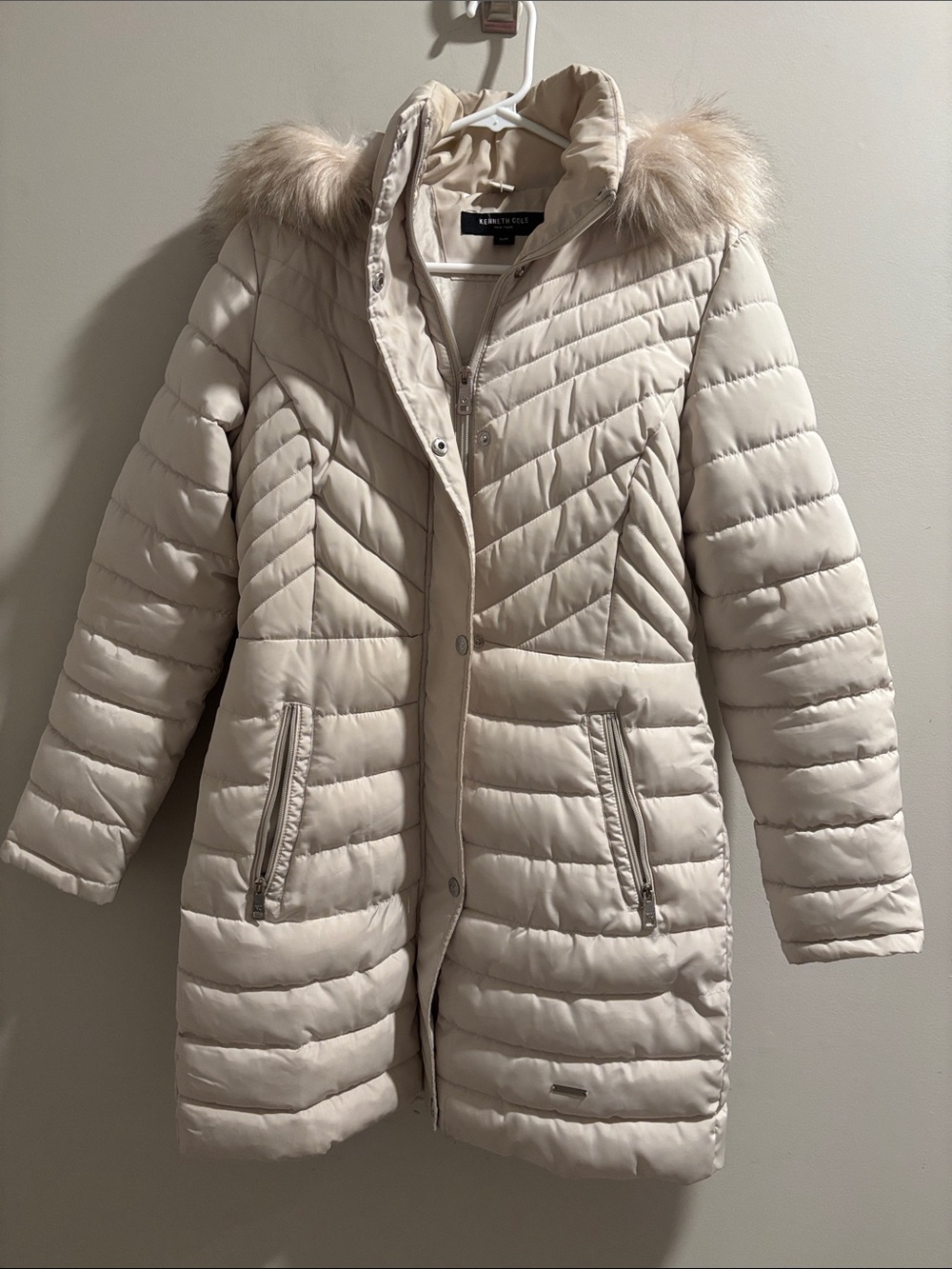 Kenneth Cole New York Cream Quilted Puffer Coat with Faux Fur Hood